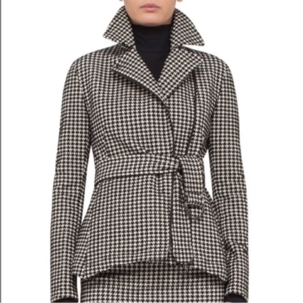 Akris Punto Belted Houndstooth Peplum Jacket Black White Zip-Up Luxury Size 10 - Picture 16 of 16